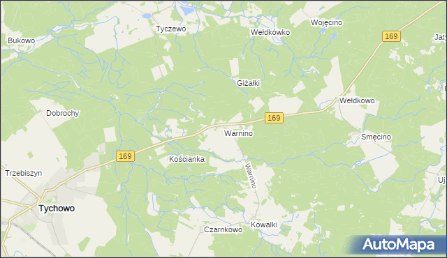 mapa Warnino gmina Tychowo, Warnino gmina Tychowo na mapie Targeo