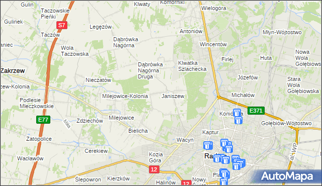 mapa Janiszew gmina Zakrzew, Janiszew gmina Zakrzew na mapie Targeo