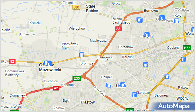 mapa Jawczyce gmina Ożarów Mazowiecki, Jawczyce gmina Ożarów Mazowiecki na mapie Targeo