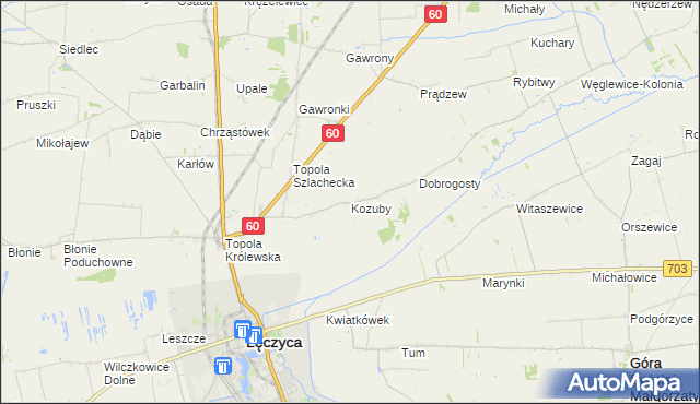 mapa Kozuby gmina Łęczyca, Kozuby gmina Łęczyca na mapie Targeo