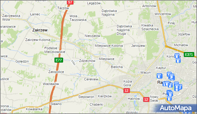 mapa Milejowice gmina Zakrzew, Milejowice gmina Zakrzew na mapie Targeo