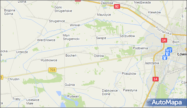 mapa Ostrów gmina Łowicz, Ostrów gmina Łowicz na mapie Targeo
