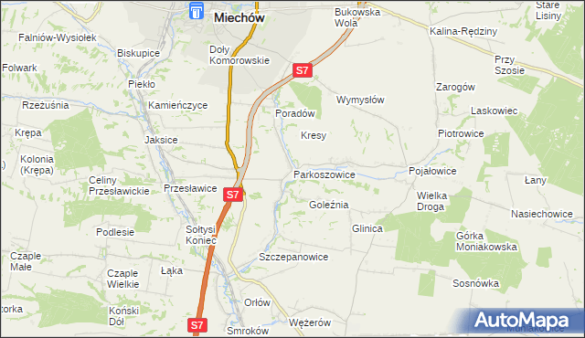 mapa Parkoszowice gmina Miechów, Parkoszowice gmina Miechów na mapie Targeo