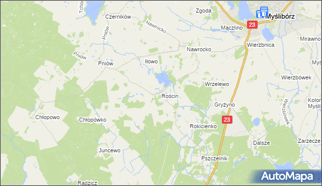 mapa Rościn gmina Myślibórz, Rościn gmina Myślibórz na mapie Targeo