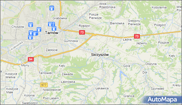 mapa Skrzyszów powiat tarnowski, Skrzyszów powiat tarnowski na mapie Targeo