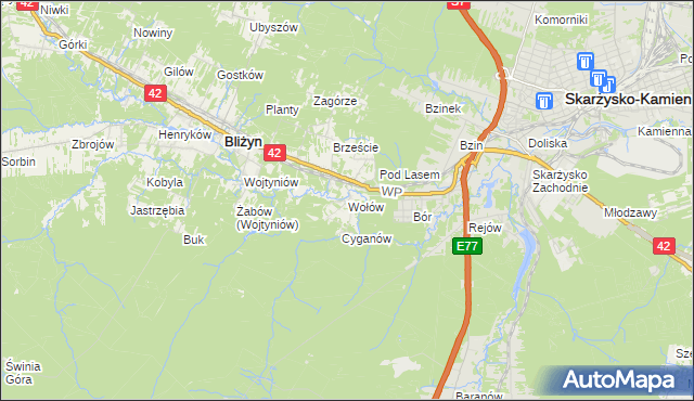 mapa Wołów gmina Bliżyn, Wołów gmina Bliżyn na mapie Targeo