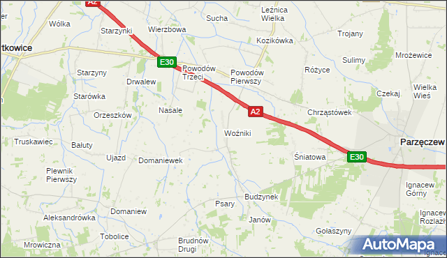 mapa Woźniki gmina Dalików, Woźniki gmina Dalików na mapie Targeo