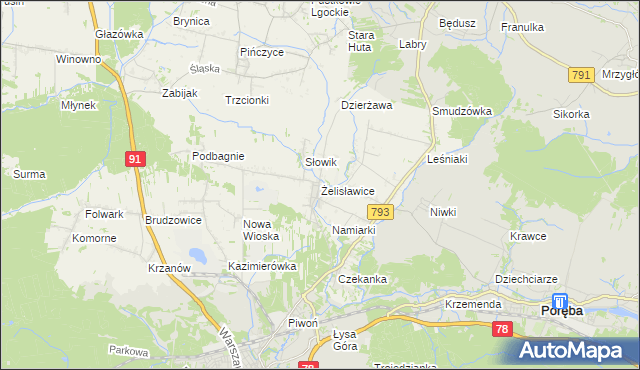 mapa Żelisławice gmina Siewierz, Żelisławice gmina Siewierz na mapie Targeo