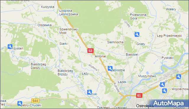 mapa Antonie gmina Olszewo-Borki, Antonie gmina Olszewo-Borki na mapie Targeo