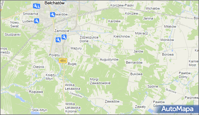 mapa Augustynów gmina Bełchatów, Augustynów gmina Bełchatów na mapie Targeo