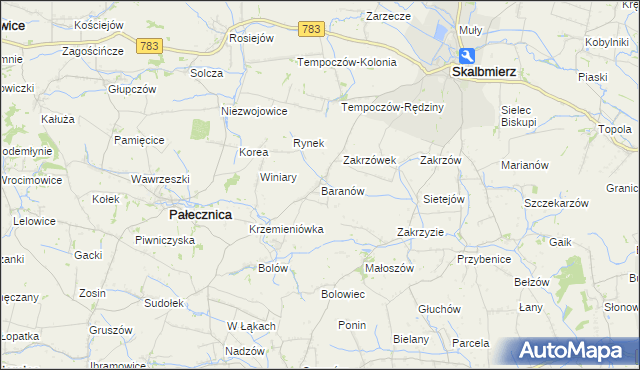 mapa Baranów gmina Skalbmierz, Baranów gmina Skalbmierz na mapie Targeo