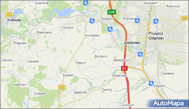 mapa Borzęcin gmina Pruszcz Gdański, Borzęcin gmina Pruszcz Gdański na mapie Targeo