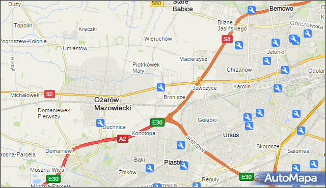 mapa Bronisze gmina Ożarów Mazowiecki, Bronisze gmina Ożarów Mazowiecki na mapie Targeo