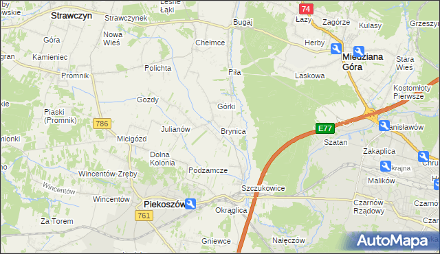 mapa Brynica gmina Piekoszów, Brynica gmina Piekoszów na mapie Targeo