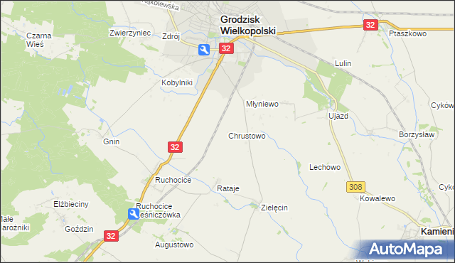 mapa Chrustowo gmina Grodzisk Wielkopolski, Chrustowo gmina Grodzisk Wielkopolski na mapie Targeo