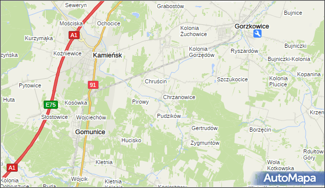 mapa Chrzanowice gmina Gomunice, Chrzanowice gmina Gomunice na mapie Targeo