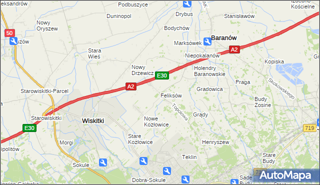 mapa Feliksów gmina Wiskitki, Feliksów gmina Wiskitki na mapie Targeo
