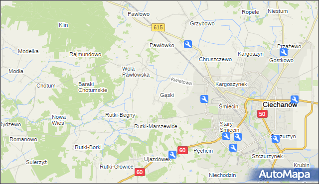 mapa Gąski gmina Ciechanów, Gąski gmina Ciechanów na mapie Targeo