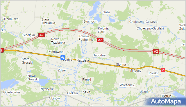 mapa Jagodne gmina Kotuń, Jagodne gmina Kotuń na mapie Targeo