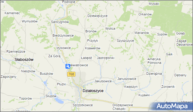 mapa Jastrzębniki gmina Działoszyce, Jastrzębniki gmina Działoszyce na mapie Targeo