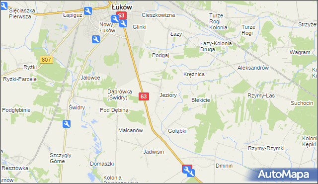 mapa Jeziory gmina Łuków, Jeziory gmina Łuków na mapie Targeo