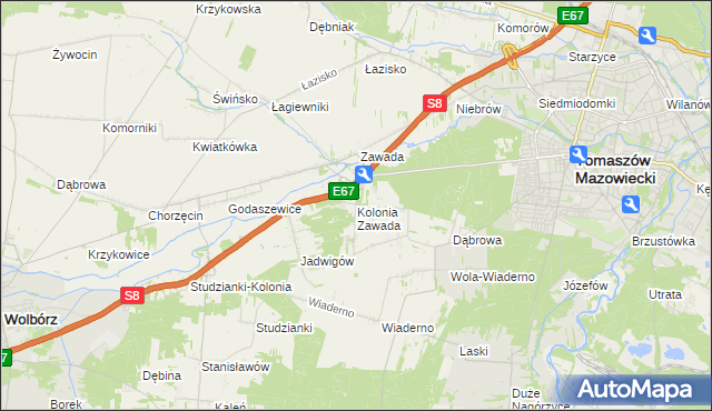 mapa Kolonia Zawada gmina Tomaszów Mazowiecki, Kolonia Zawada gmina Tomaszów Mazowiecki na mapie Targeo