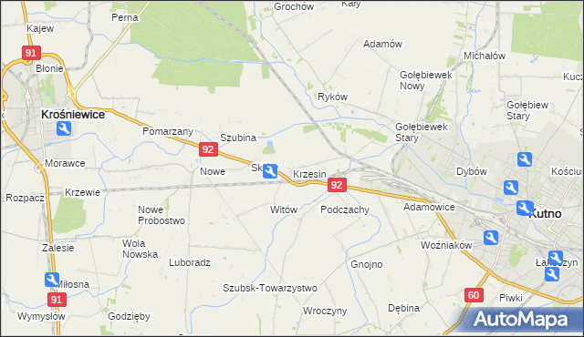 mapa Krzesin gmina Kutno, Krzesin gmina Kutno na mapie Targeo