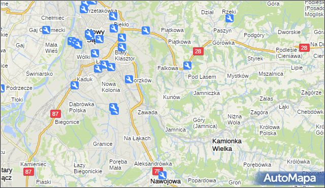 mapa Kunów gmina Chełmiec, Kunów gmina Chełmiec na mapie Targeo
