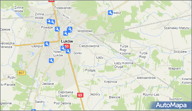 mapa Łazy gmina Łuków, Łazy gmina Łuków na mapie Targeo
