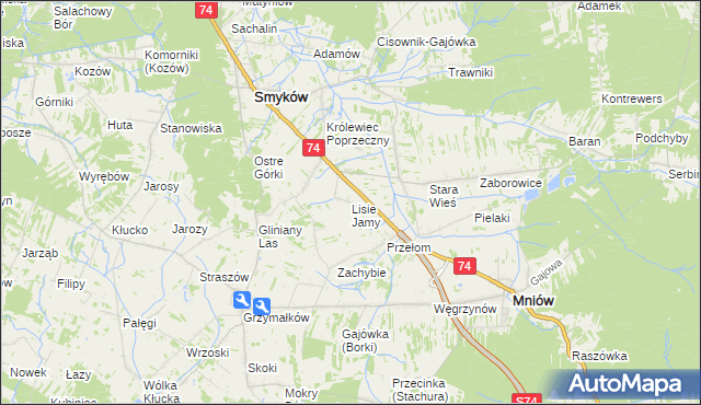 mapa Lisie Jamy gmina Mniów, Lisie Jamy gmina Mniów na mapie Targeo