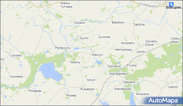 mapa Mierzyn gmina Biskupiec, Mierzyn gmina Biskupiec na mapie Targeo