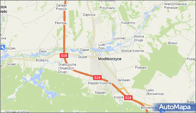 mapa Modliborzyce powiat janowski, Modliborzyce powiat janowski na mapie Targeo