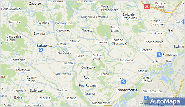 mapa Mokra Wieś gmina Podegrodzie, Mokra Wieś gmina Podegrodzie na mapie Targeo