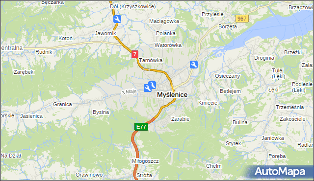 mapa Myślenice, Myślenice na mapie Targeo