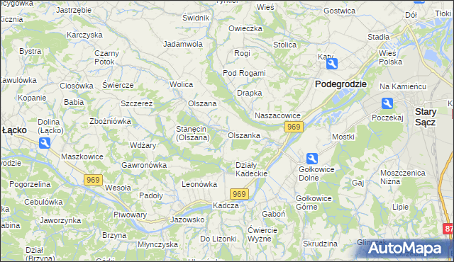 mapa Olszanka gmina Podegrodzie, Olszanka gmina Podegrodzie na mapie Targeo