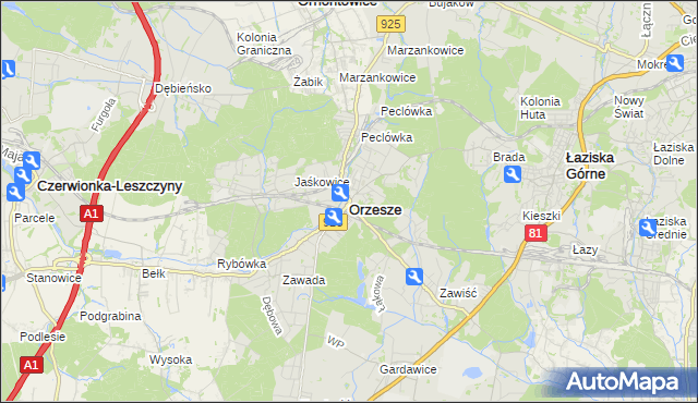 mapa Orzesze powiat mikołowski, Orzesze powiat mikołowski na mapie Targeo