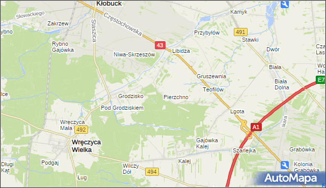 mapa Pierzchno gmina Wręczyca Wielka, Pierzchno gmina Wręczyca Wielka na mapie Targeo