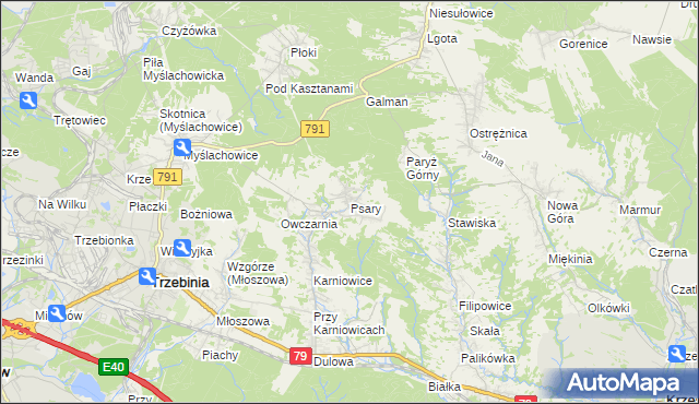 mapa Psary gmina Trzebinia, Psary gmina Trzebinia na mapie Targeo