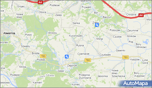 mapa Rybna gmina Czernichów, Rybna gmina Czernichów na mapie Targeo