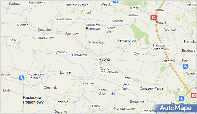 mapa Rybno powiat sochaczewski, Rybno powiat sochaczewski na mapie Targeo