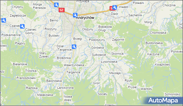 mapa Sułkowice gmina Andrychów, Sułkowice gmina Andrychów na mapie Targeo