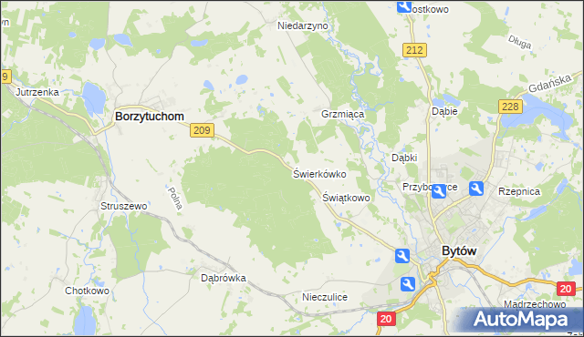 mapa Świerkówko gmina Bytów, Świerkówko gmina Bytów na mapie Targeo