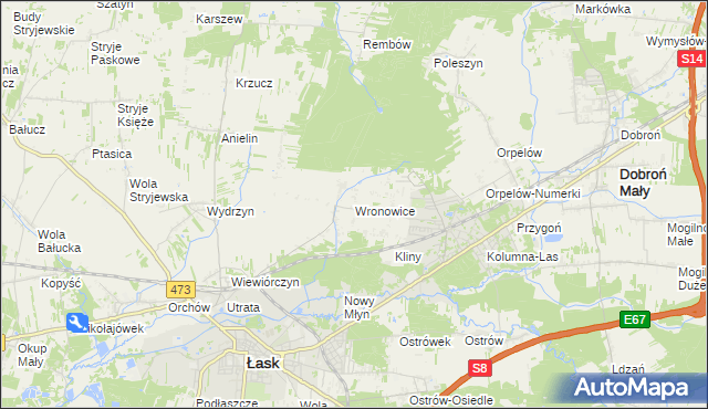 mapa Wronowice gmina Łask, Wronowice gmina Łask na mapie Targeo