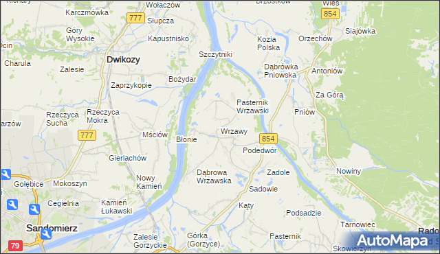 mapa Wrzawy gmina Gorzyce, Wrzawy gmina Gorzyce na mapie Targeo