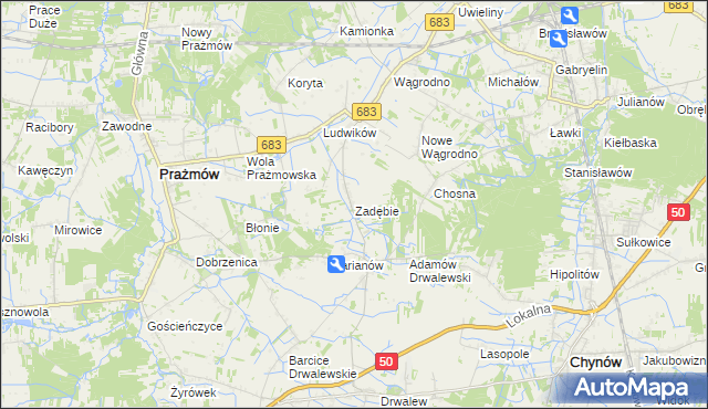 mapa Zadębie gmina Prażmów, Zadębie gmina Prażmów na mapie Targeo