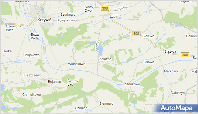 mapa Żelazno gmina Krzywiń, Żelazno gmina Krzywiń na mapie Targeo