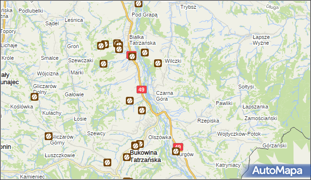 mapa Czarna Góra gmina Bukowina Tatrzańska, Czarna Góra gmina Bukowina Tatrzańska na mapie Targeo