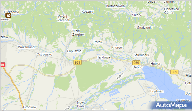mapa Harklowa gmina Nowy Targ, Harklowa gmina Nowy Targ na mapie Targeo