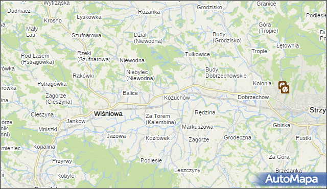 mapa Kożuchów gmina Wiśniowa, Kożuchów gmina Wiśniowa na mapie Targeo