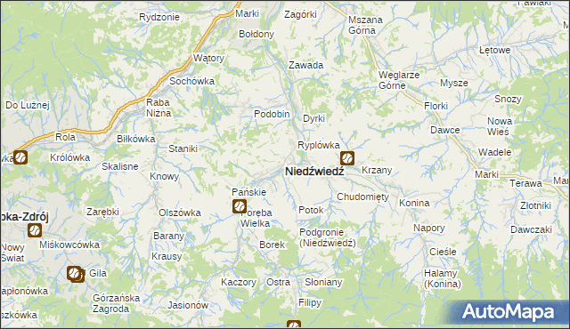 mapa Niedźwiedź powiat limanowski, Niedźwiedź powiat limanowski na mapie Targeo